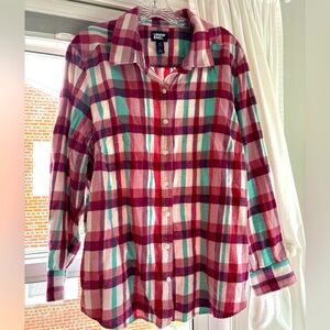 Lands’ End Plus Size 1X Purple, White, Blue Flannel Button Down Shirt